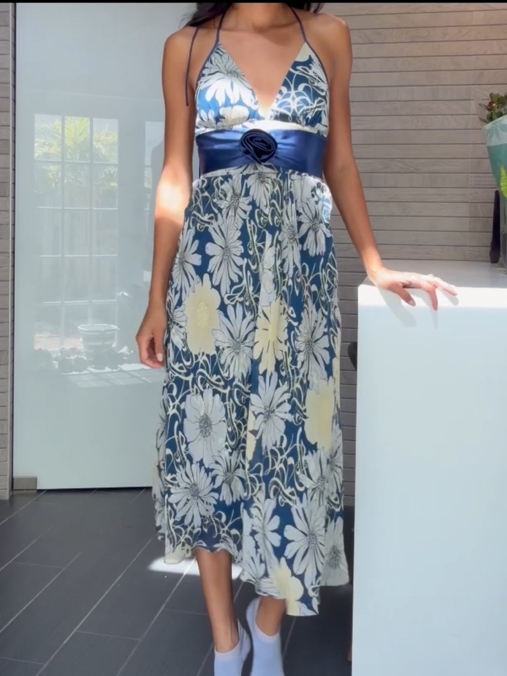 BCBG Navy and Cream Floral Silk Dress with Satin Waistband